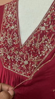 Reddish Maroon Chanderi silk kurti set with hand embroideri