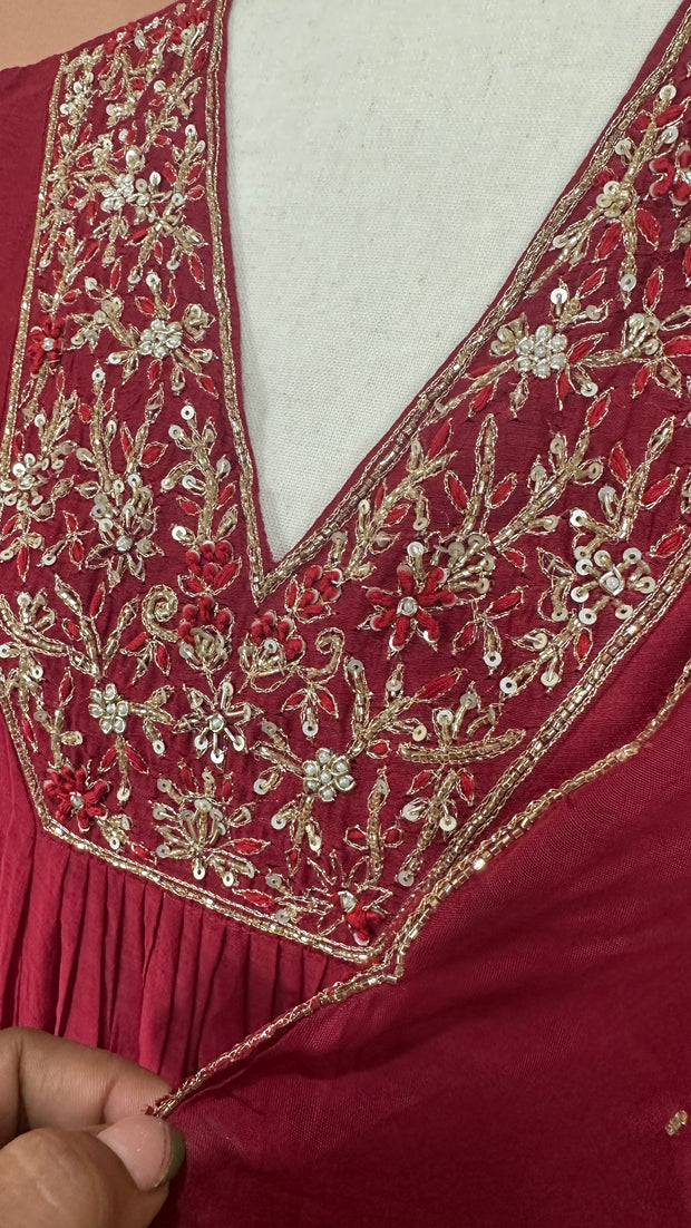 Reddish Maroon Chanderi silk kurti set with hand embroideri