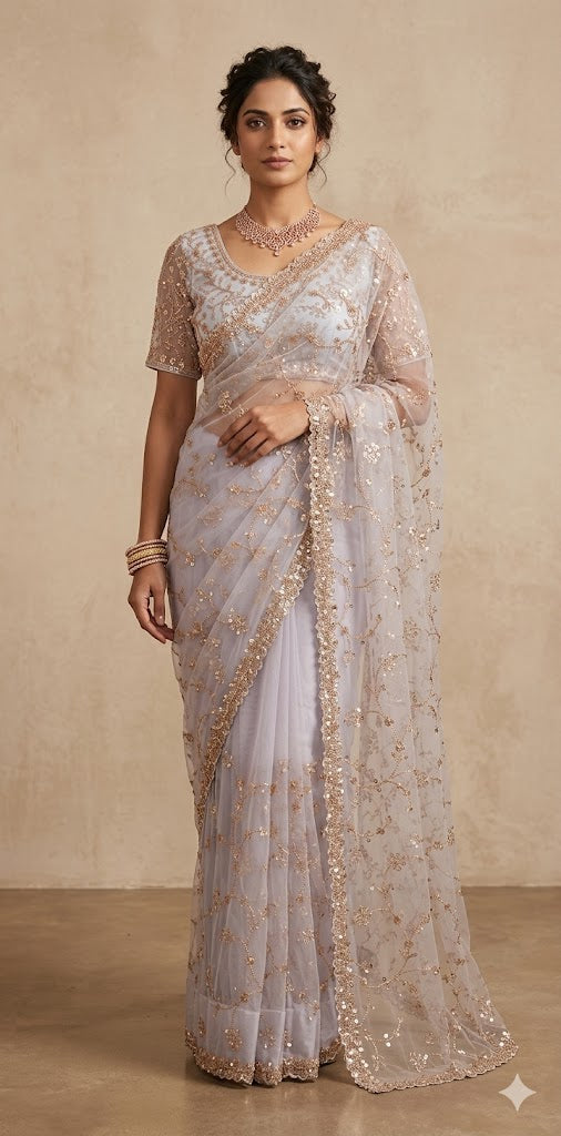 Heavy Embroidered Net Saree with stitched blouse and under skirt