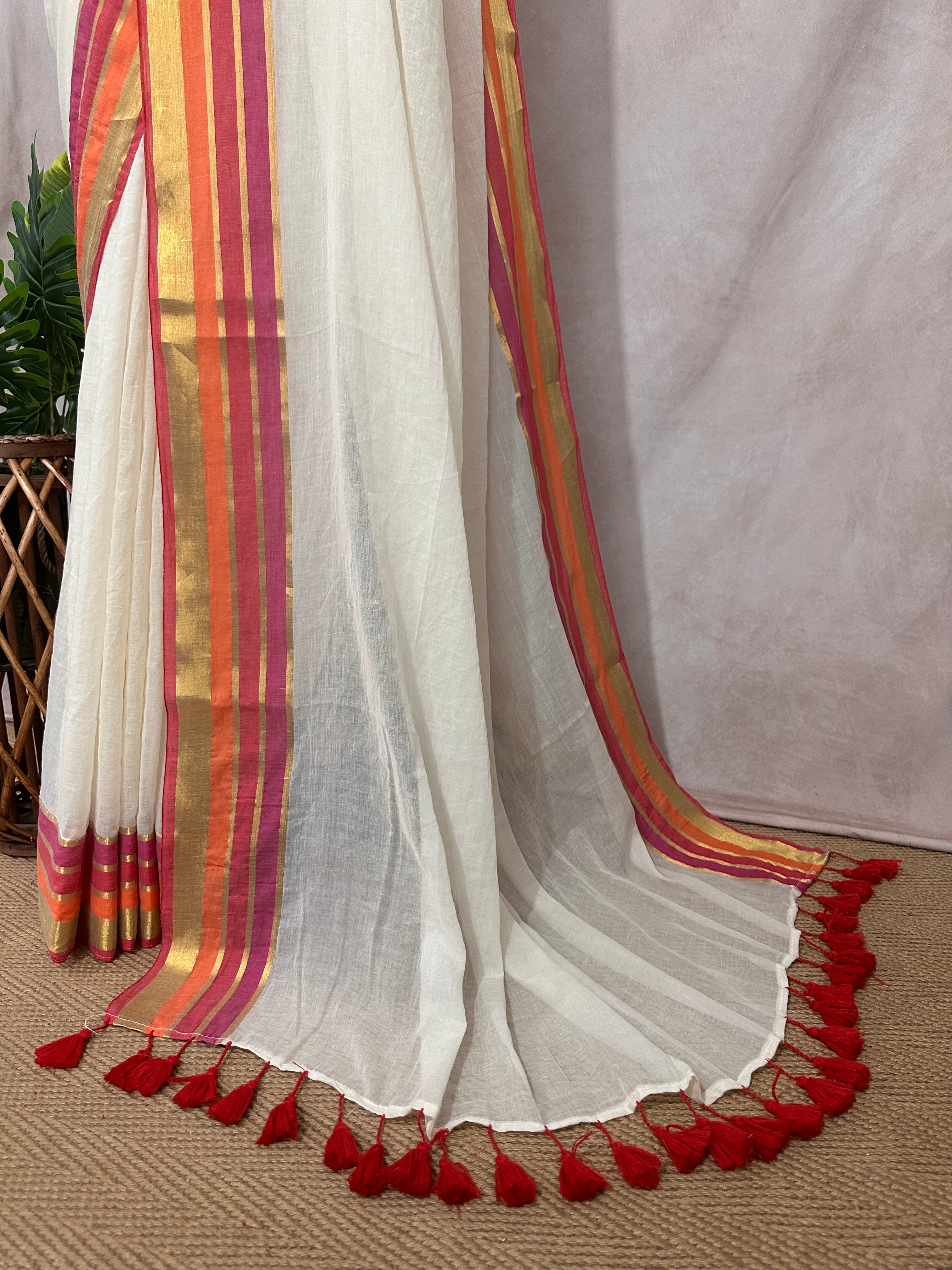 Red orange and pink border 120 count mulcotton saree