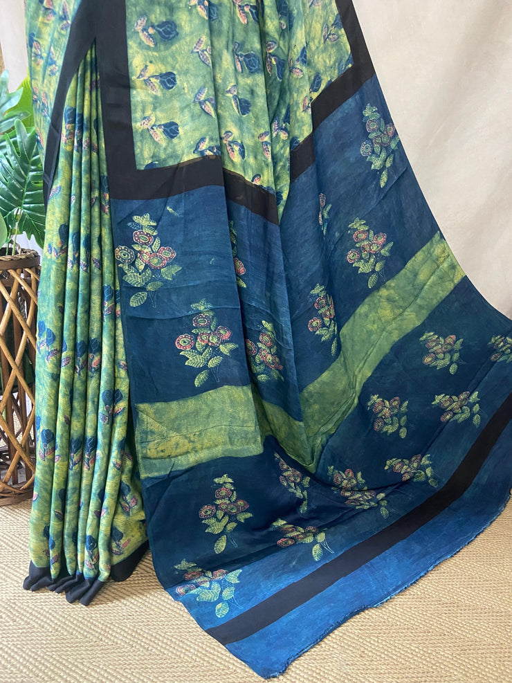 Nashpal Tussar by modal silk saree with hand block print with natural dye, with BP