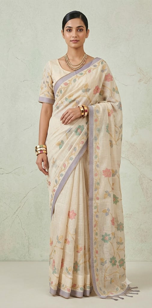 Printed Tissue linen saree with thread work, and stitched blouse