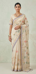 Printed Tissue linen saree with thread work, and stitched blouse