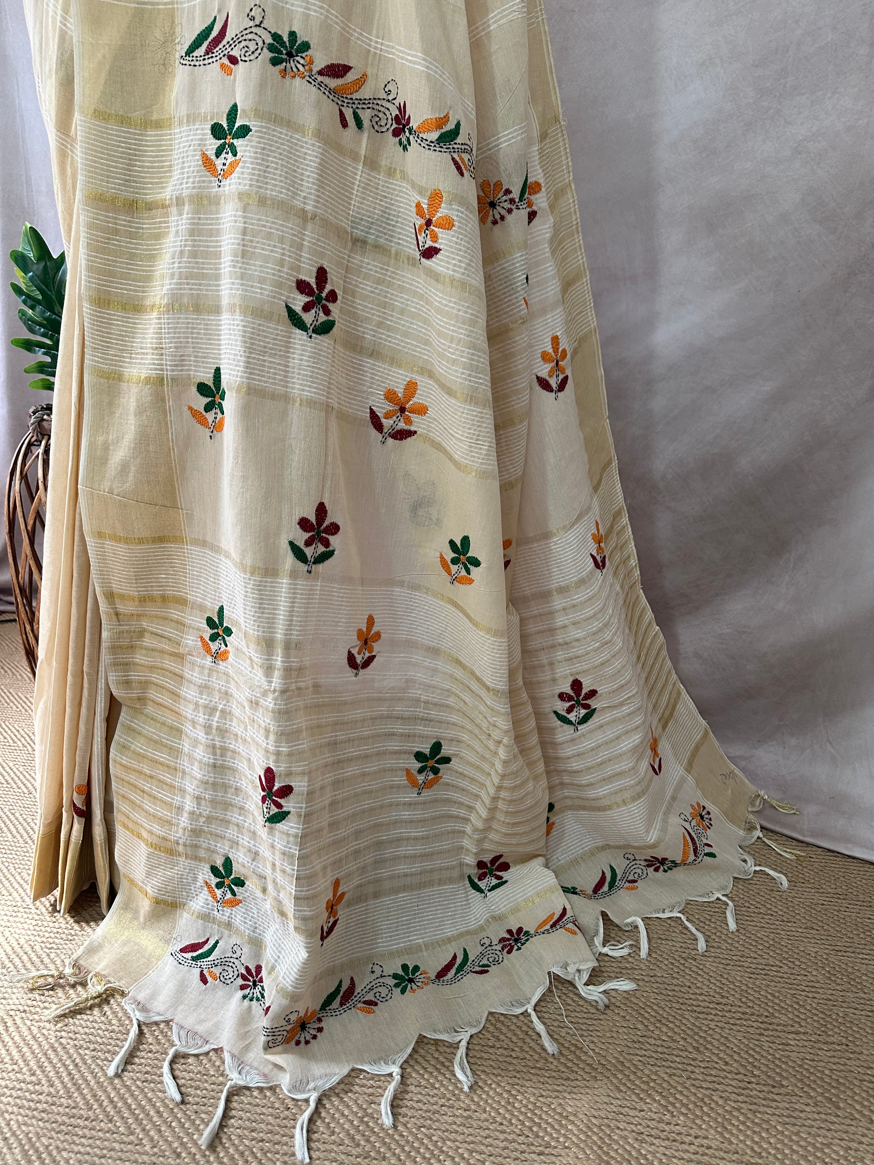 Hanloom cotton saree with kantha work