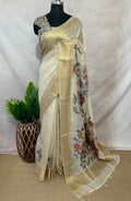 Tissue linen saree with kalamkari patch work , with BP