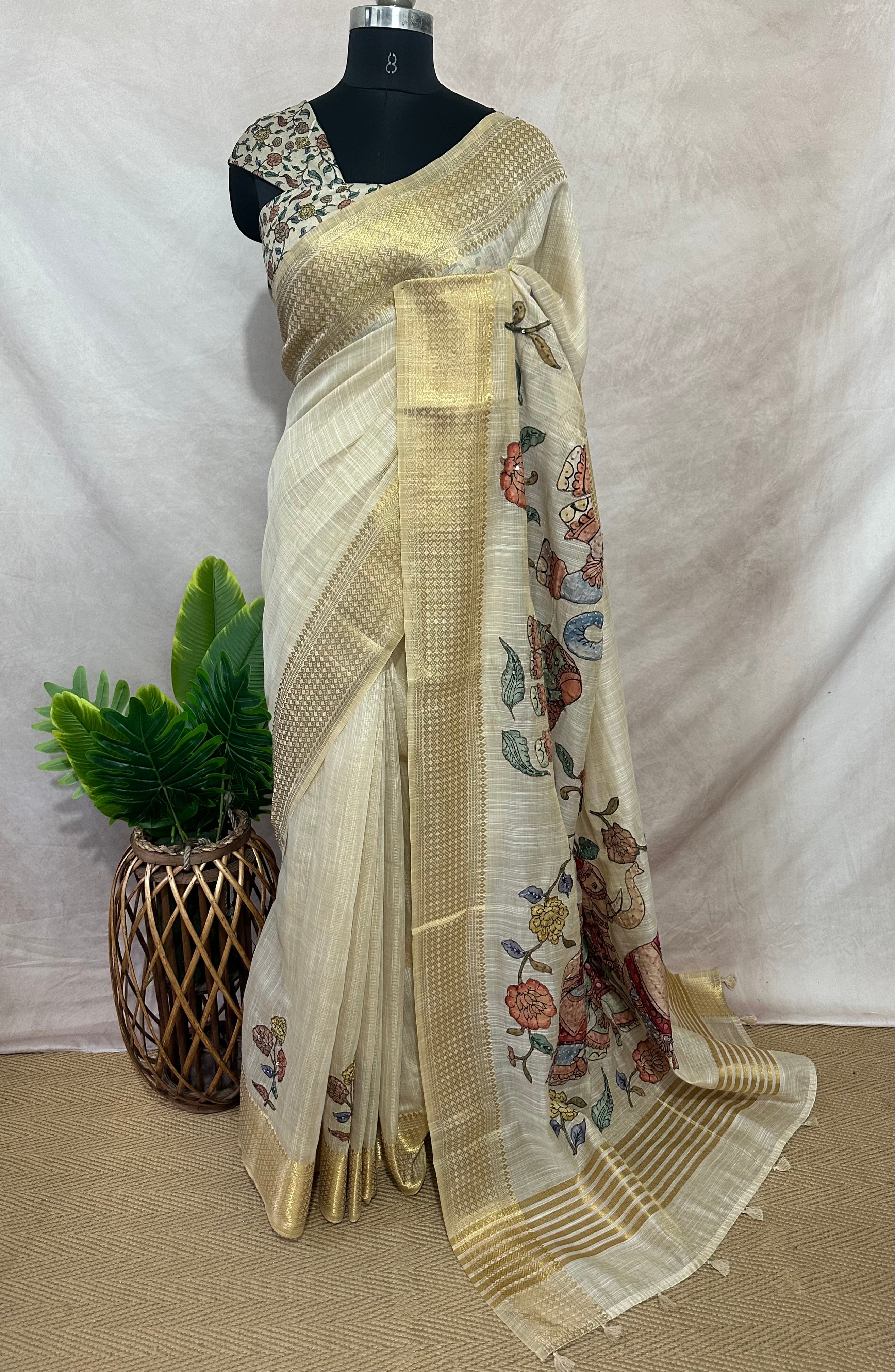 Tissue linen saree with kalamkari patch work , with BP