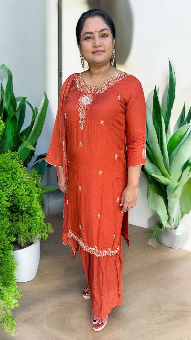 Burnt orange chanderi silk kurti with mirror work and comes gharara and dupatta