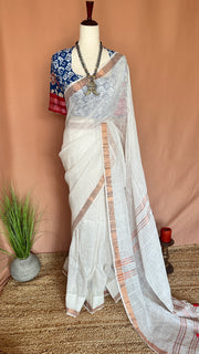 Handloom linen saree with sequins weave