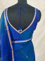 Blue double shaded Maheswari silk cotton saree with stitched blouse