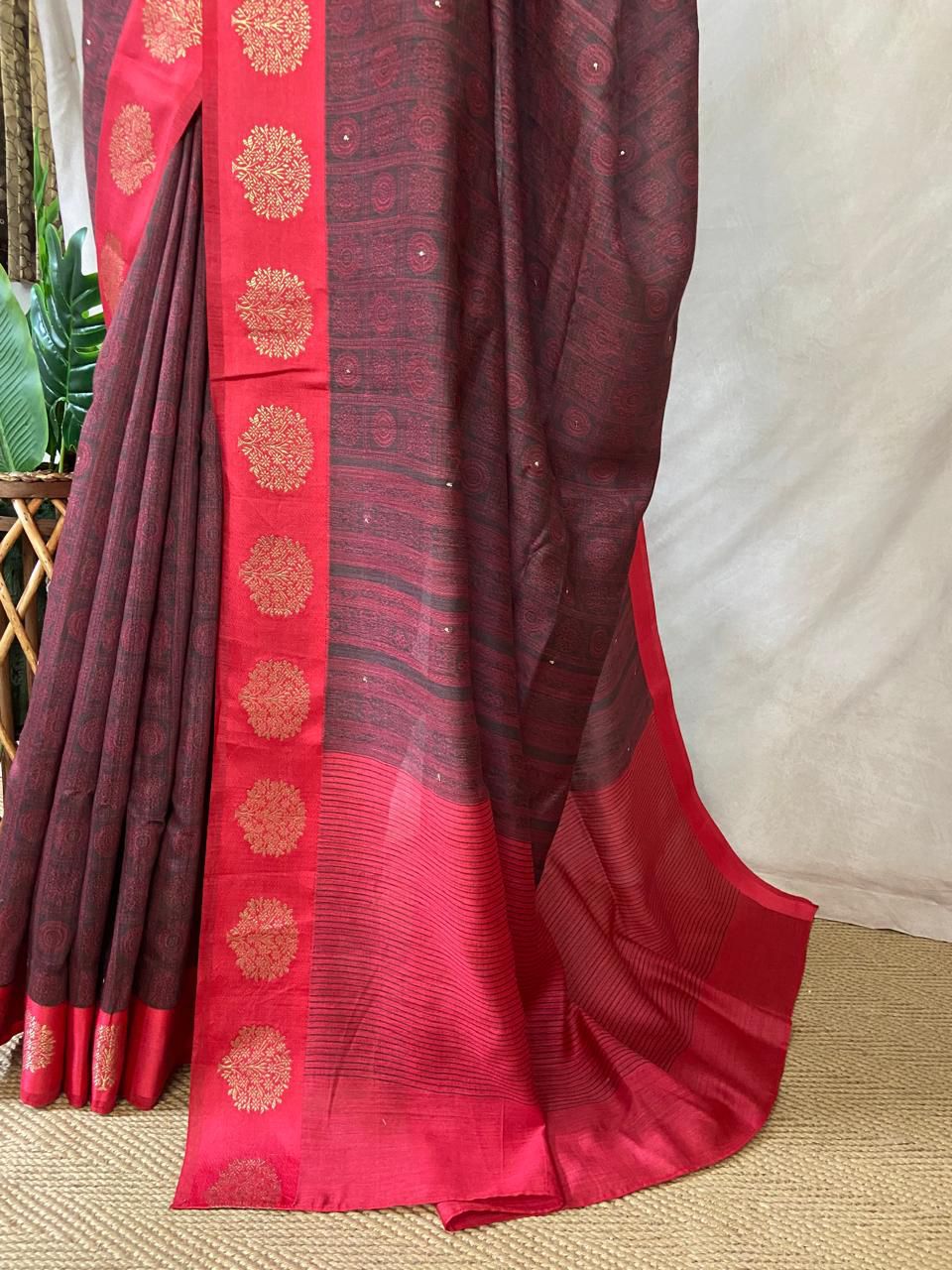 Printed blended tussar silk saree with hand work and stitched blouse