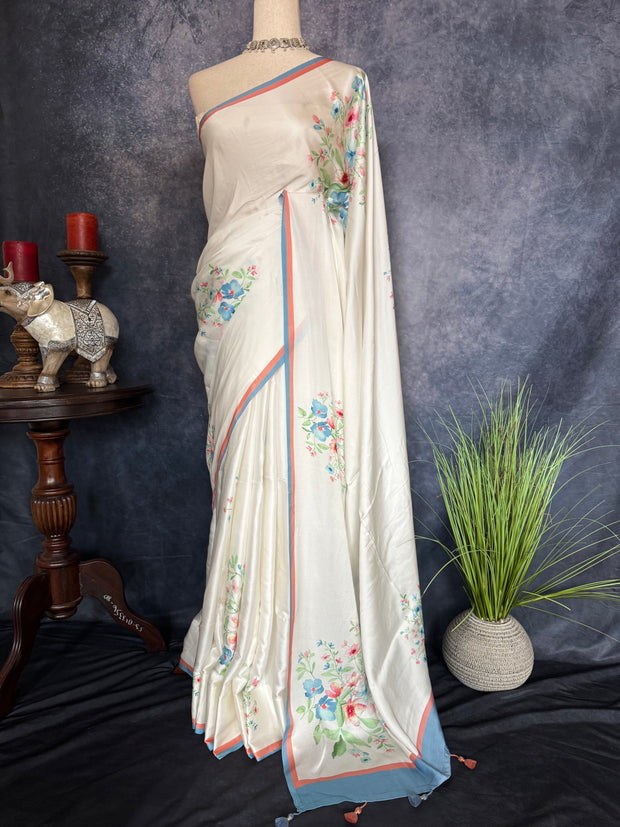 Aliya Bhatt White floral printed pure satin silk saree with stitched blouse
