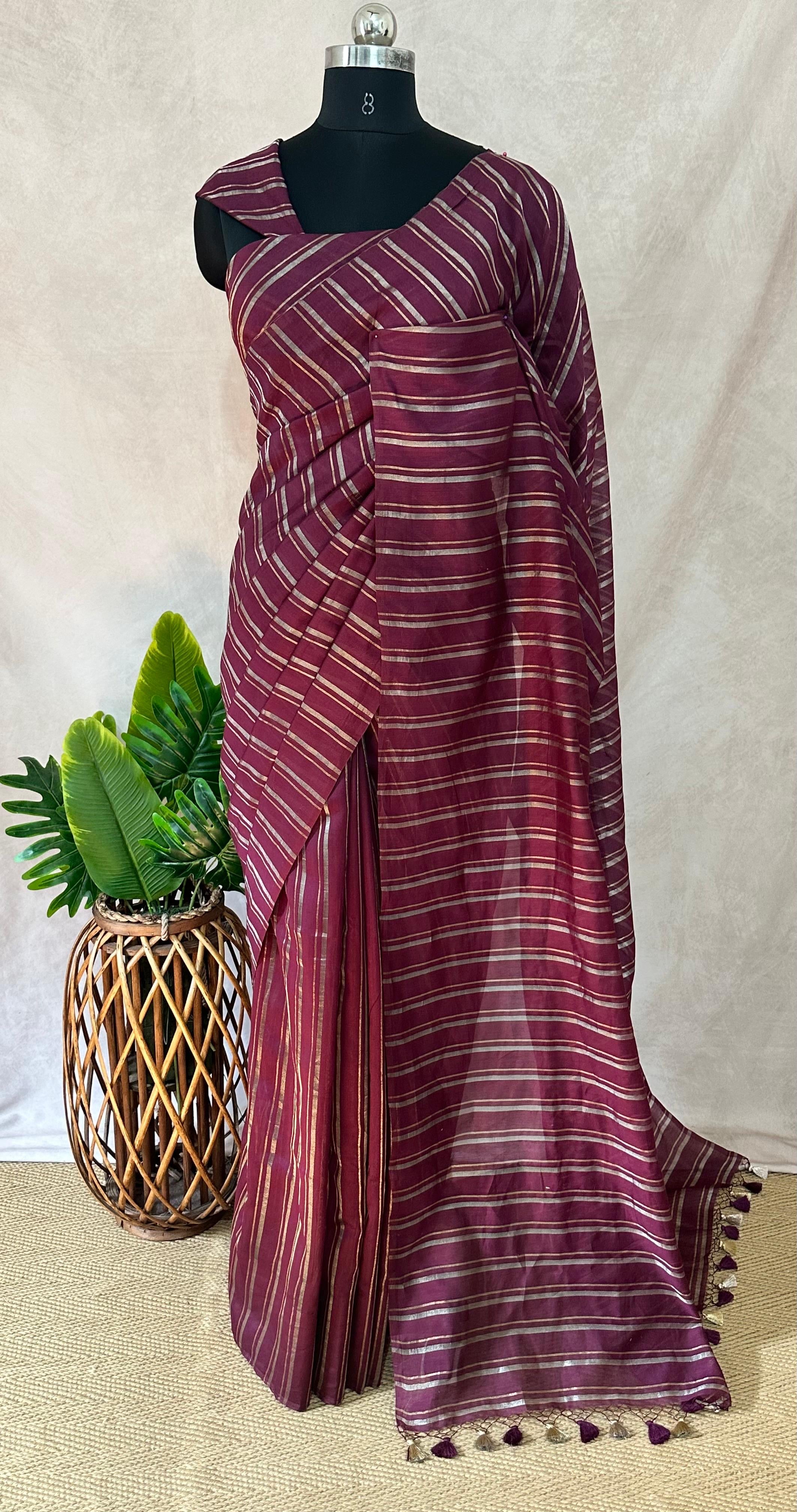 Chanderi tissue silk saree with stripe , No BP