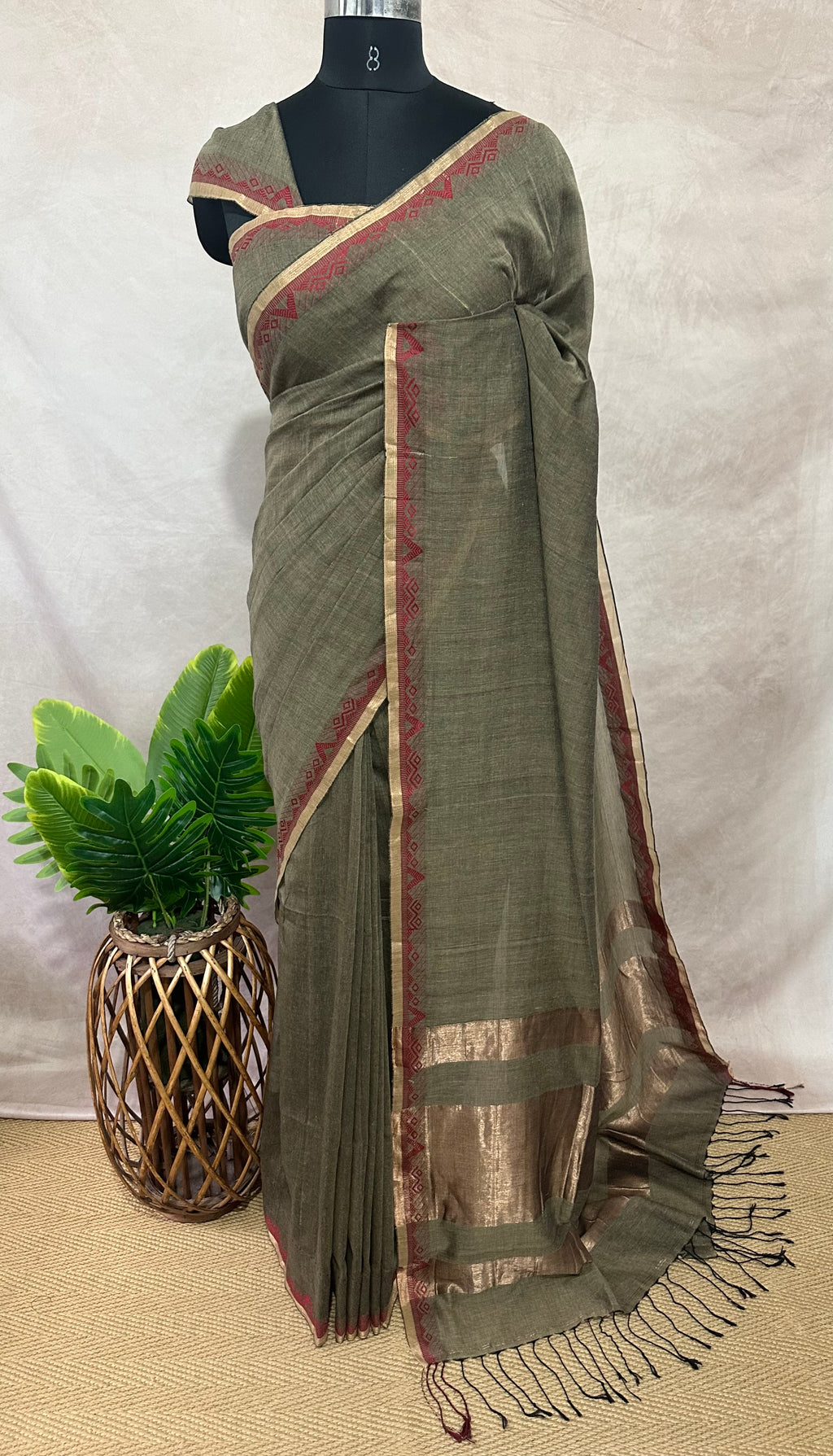 Cotton handloom saree with zari and red thread weave