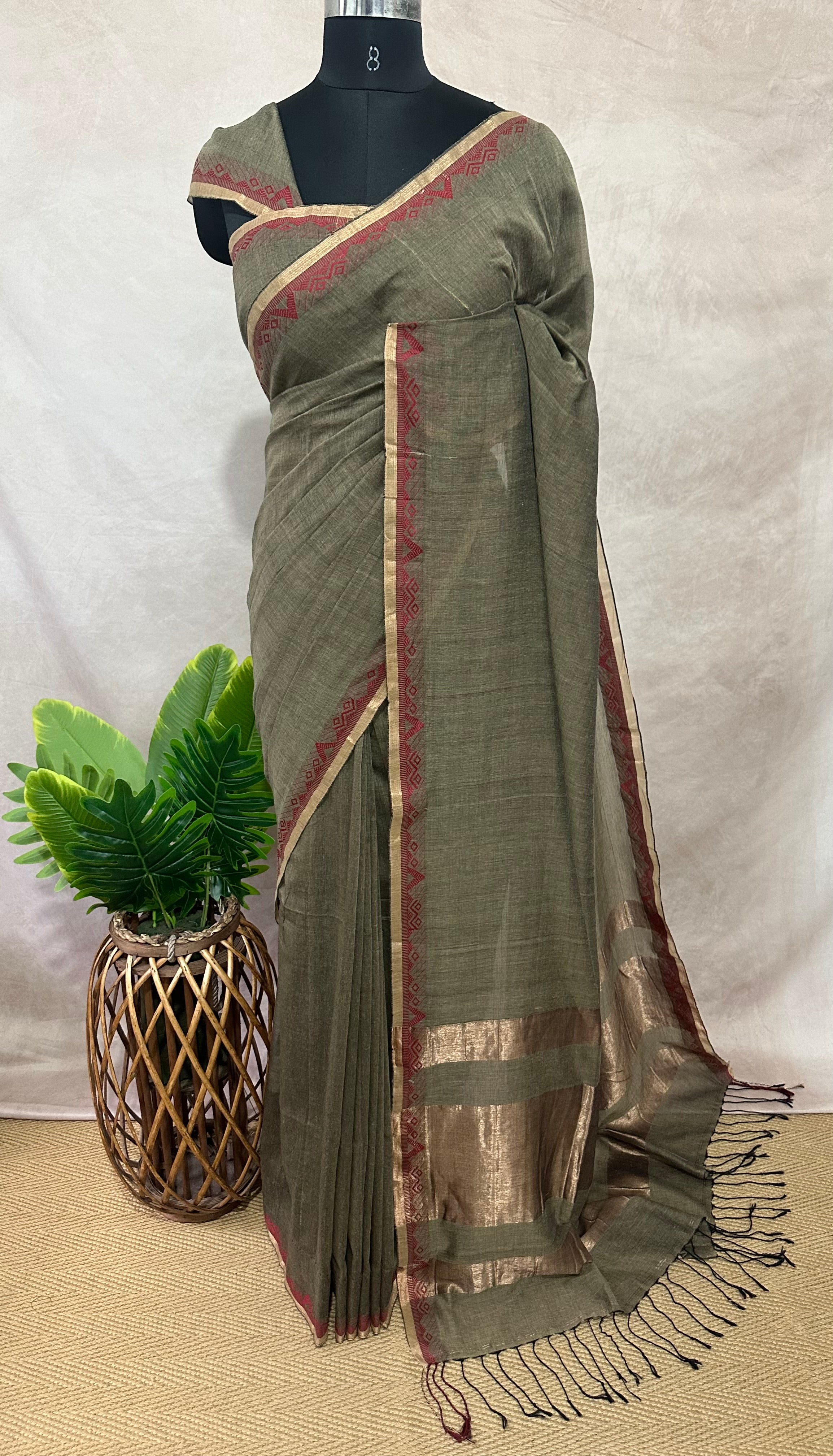 Cotton handloom saree with zari and red thread weave
