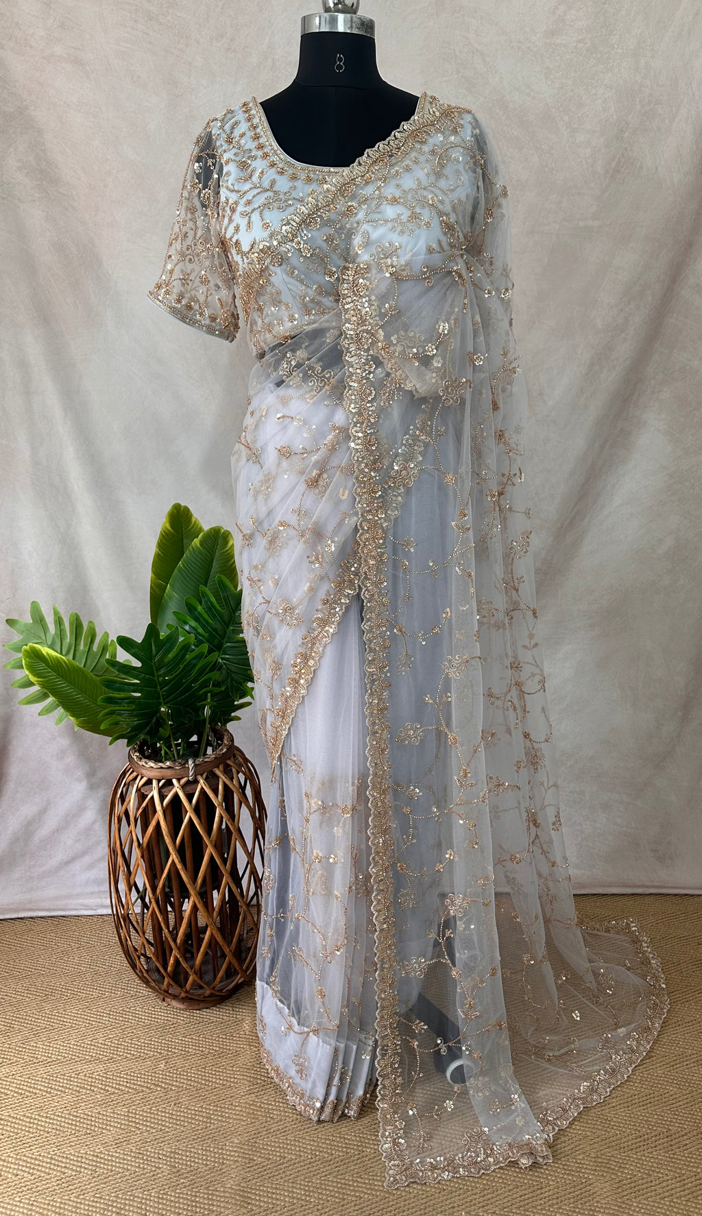 Heavy Embroidered Net Saree with stitched blouse and under skirt