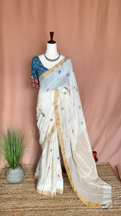 Handloom cotton saree with multicolor butta, with BP