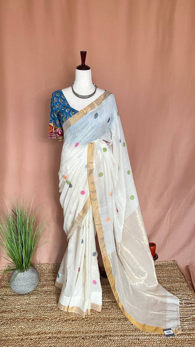 Handloom cotton saree with multicolor butta, with BP