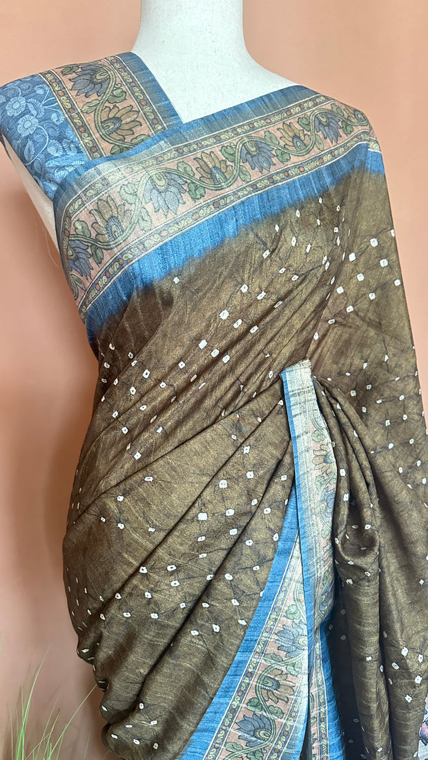 Semi tussar silk bandini and kalamkari print saree, with BP