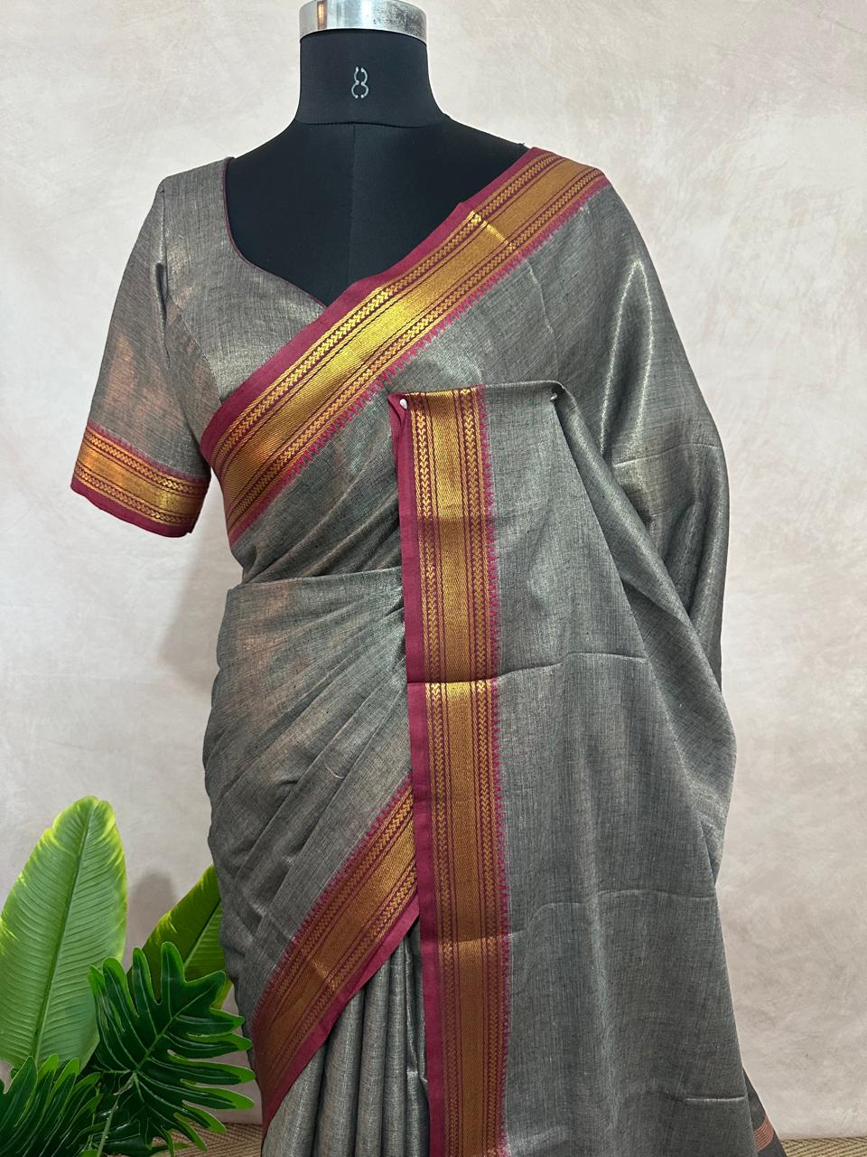 Handloom tissue cotton saree with stitched blouse
