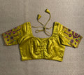 Yellow modal silk blouse with mirror work and hand Kutch Embroidery
