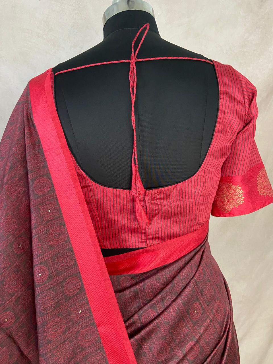 Printed blended tussar silk saree with hand work and stitched blouse