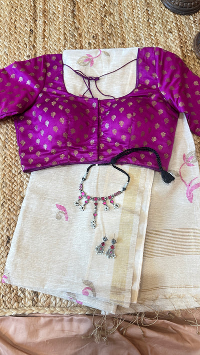 Off white Tissue Linen Saree with Jamdani weave, with BP