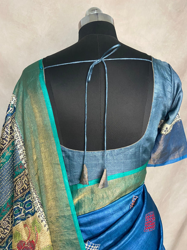 Pure tussar silk saree with Kantha work and stitched blouse