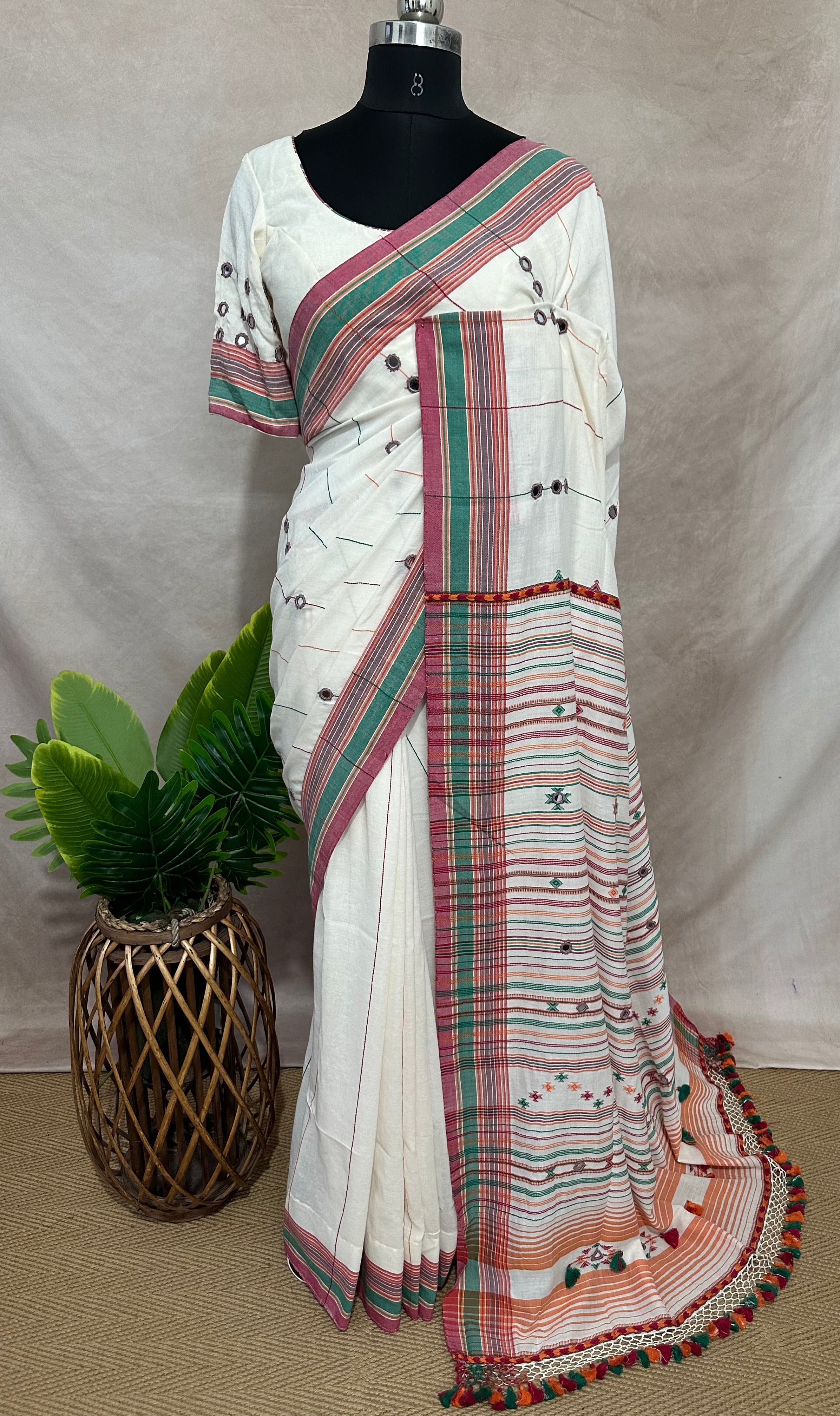 Organic Kala cotton handloom saree with mirror work , stitched blouse