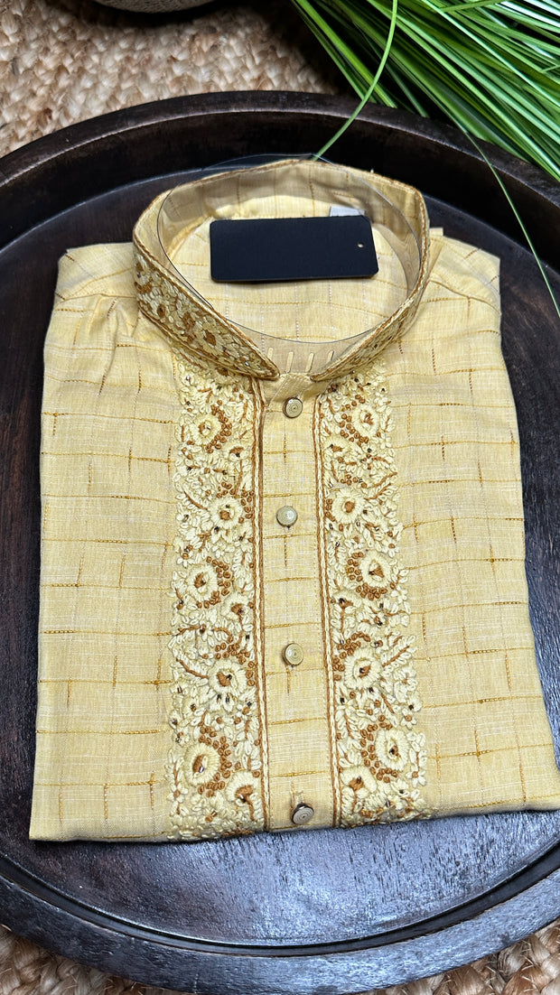 Light yellow cotton silk kurta with hand embroidery - 40