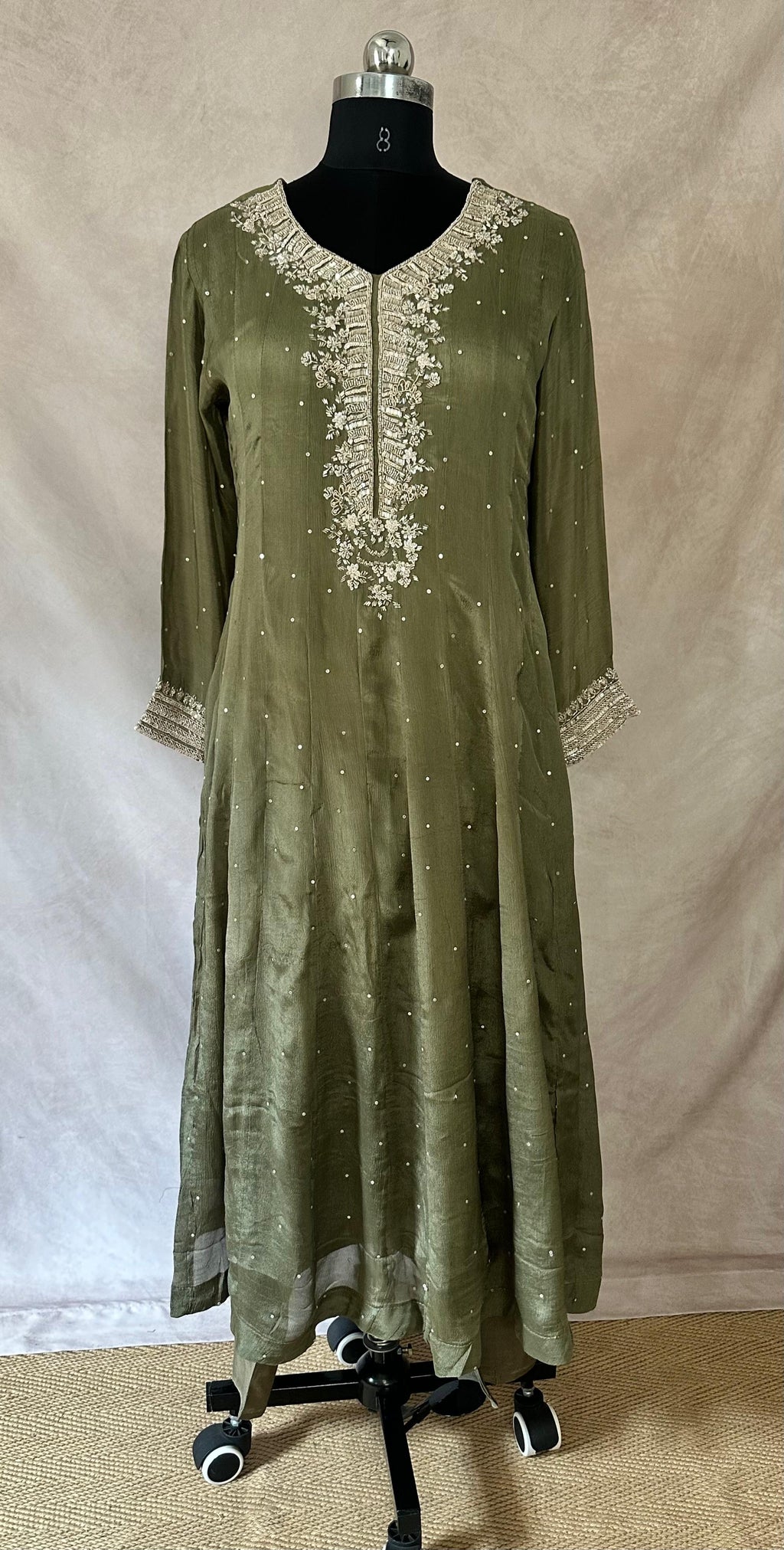 Olive green crepe anarkali with bottom and dupatta