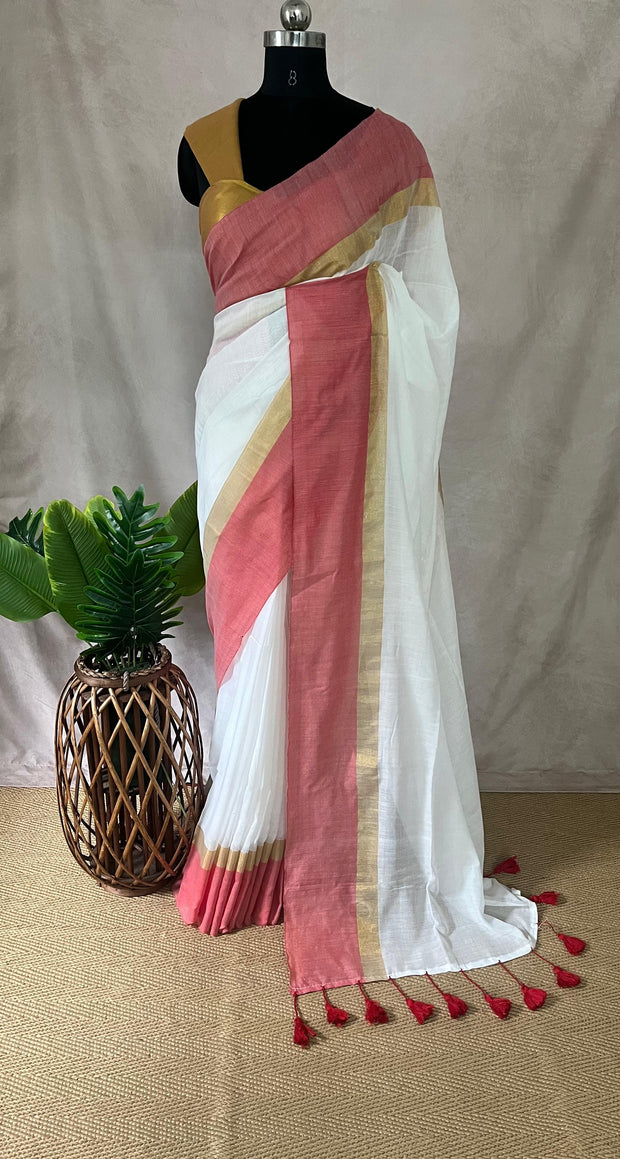 Mulcotton saree with red and gold (no Pico and fall)