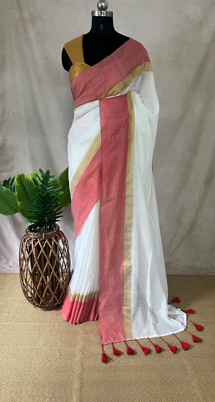 Mulcotton saree with red and gold (no Pico and fall)
