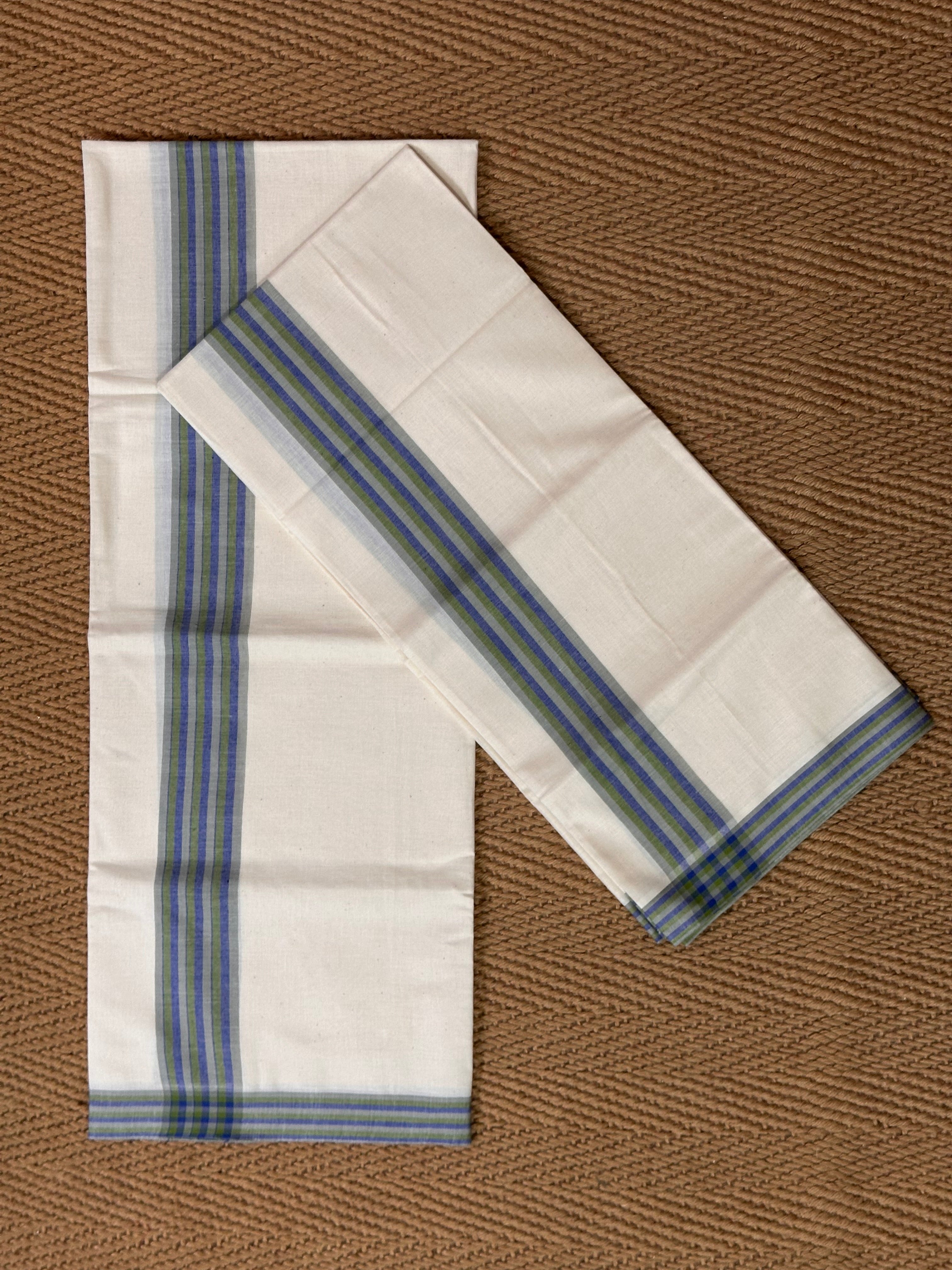 Green and blue border mulloth set mundu