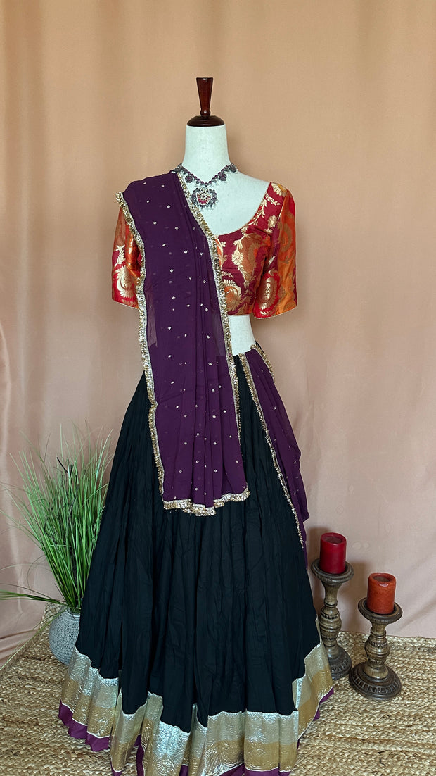 Black and Majenta 10 m flare skirt for garba with dupatta