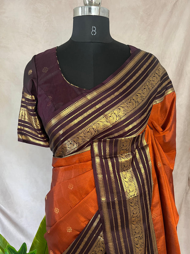 Orange and brown combo kanchivaram silk saree with stitched blouse