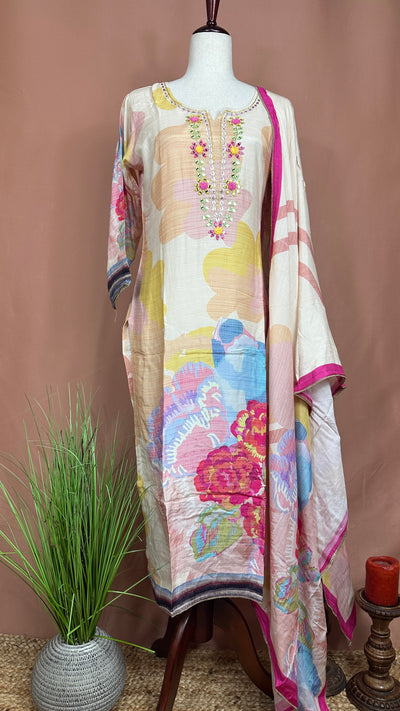 Off white cotton silk kurti set with floral print