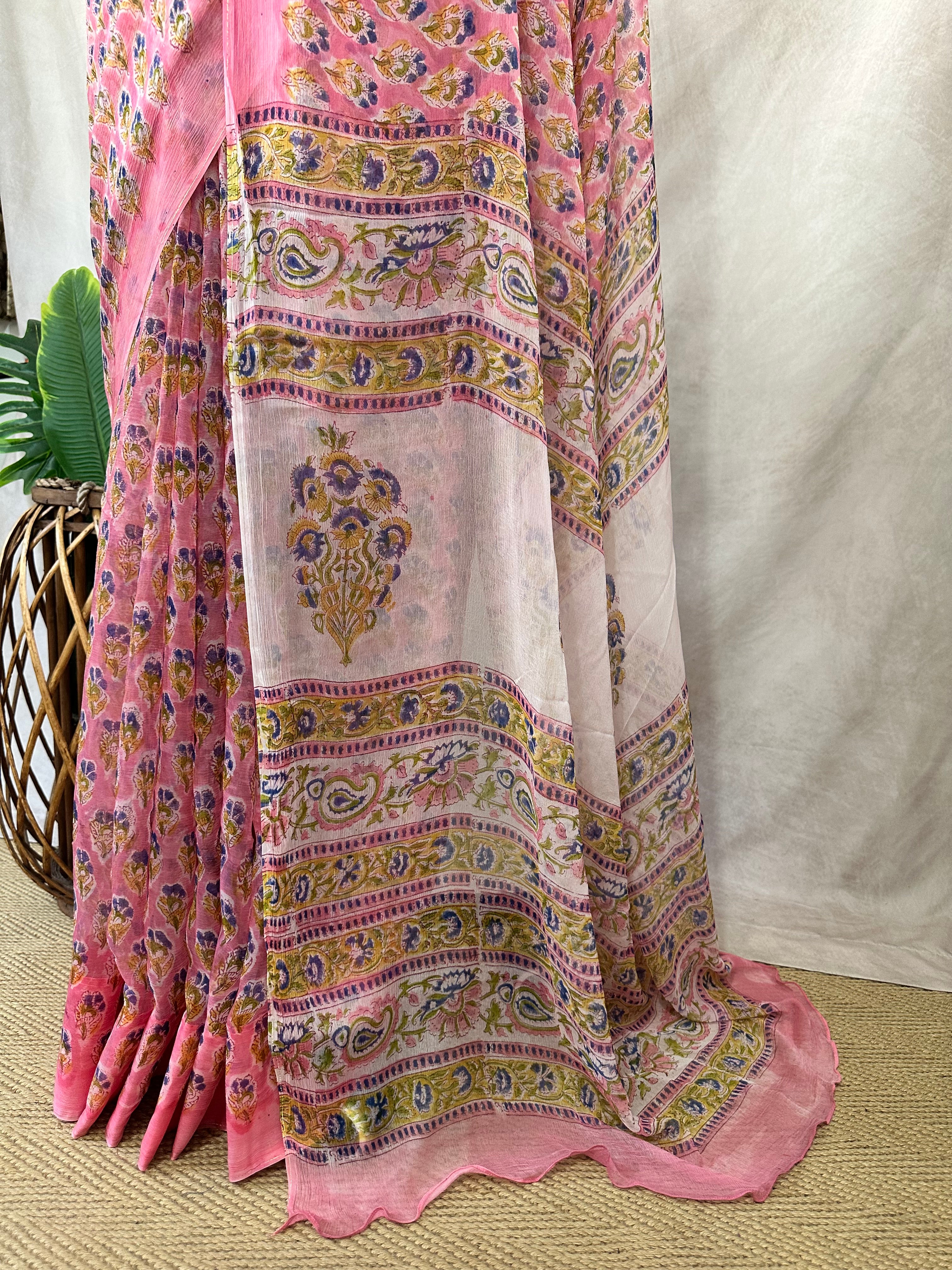 Premium handblock printed Pure Chiffon saree , with BP