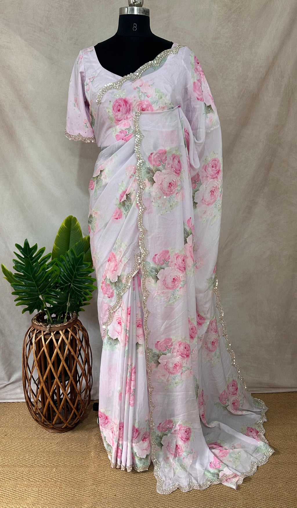 Crepe saree with sequins border , blouse and under skirt