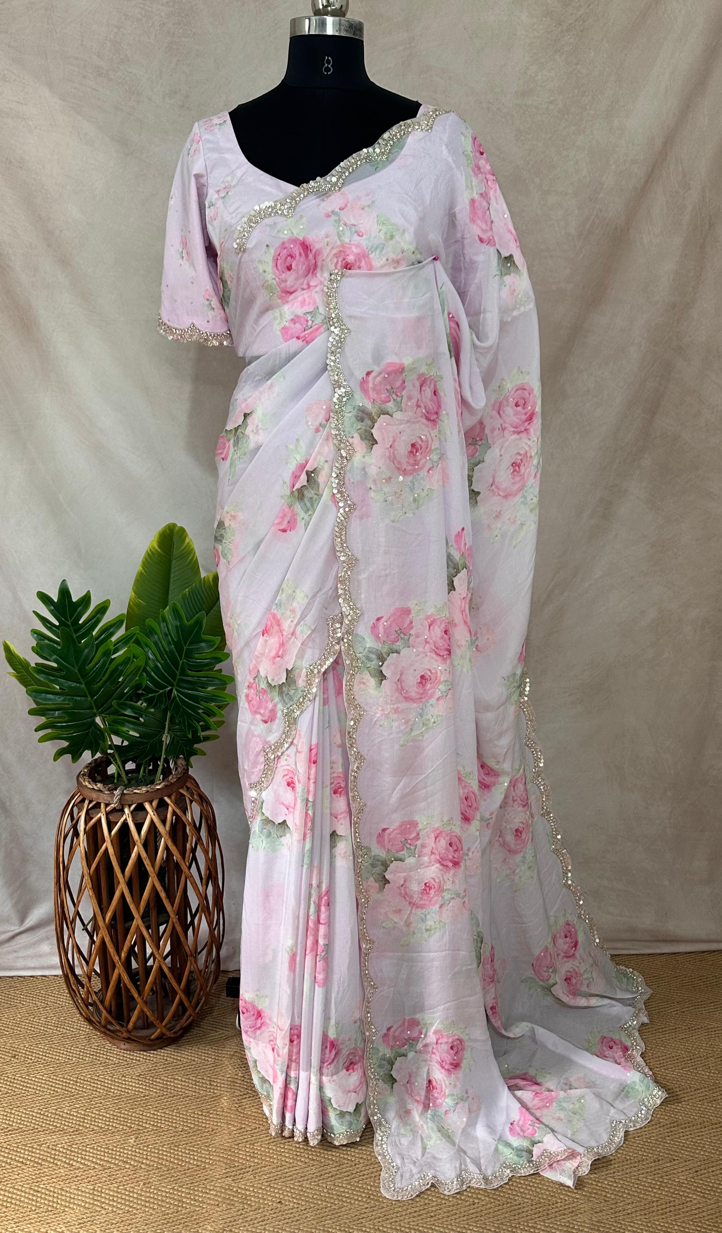 Crepe saree with sequins border , blouse and under skirt