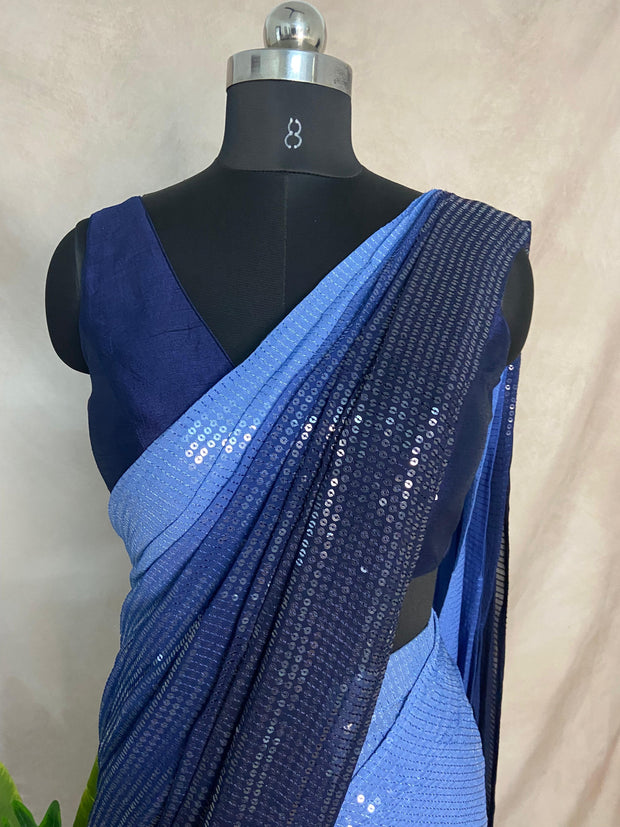 Ombre blue georgette sequins ready to wear saree with atitched blouse
