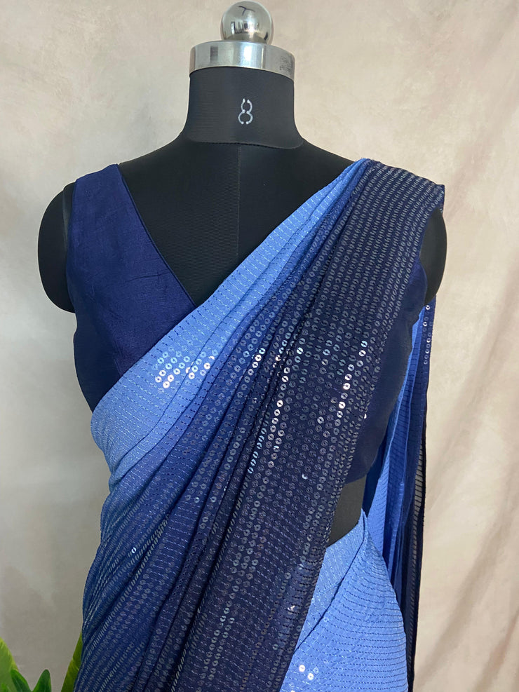 Ombre blue georgette sequins ready to wear saree with atitched blouse