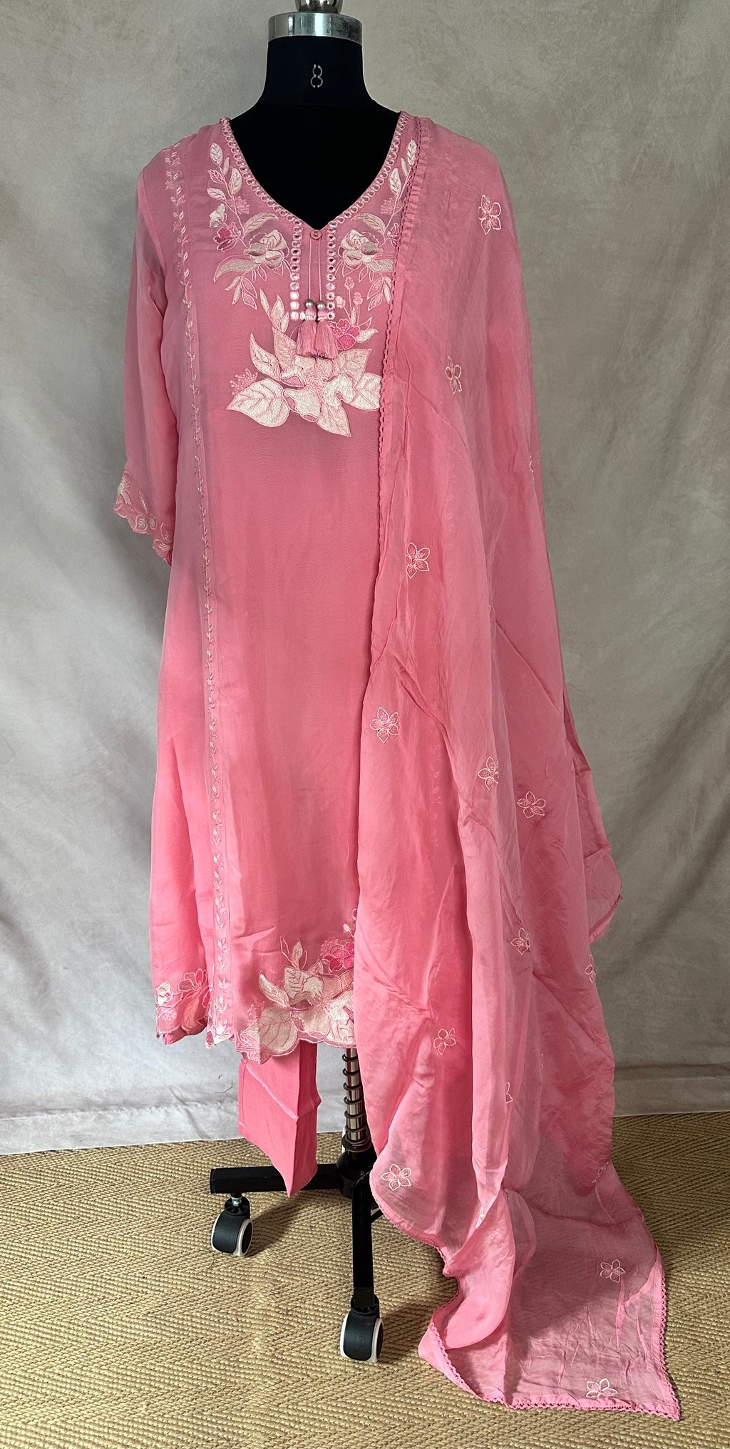 Light pink organza silk kurti with bottom and dupatta