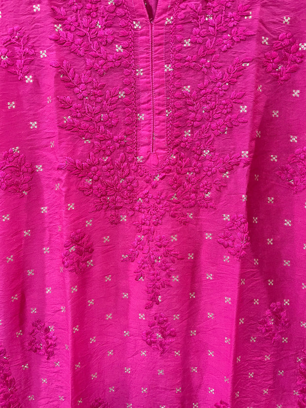 Pink color Banarsi silk chikankari kurti