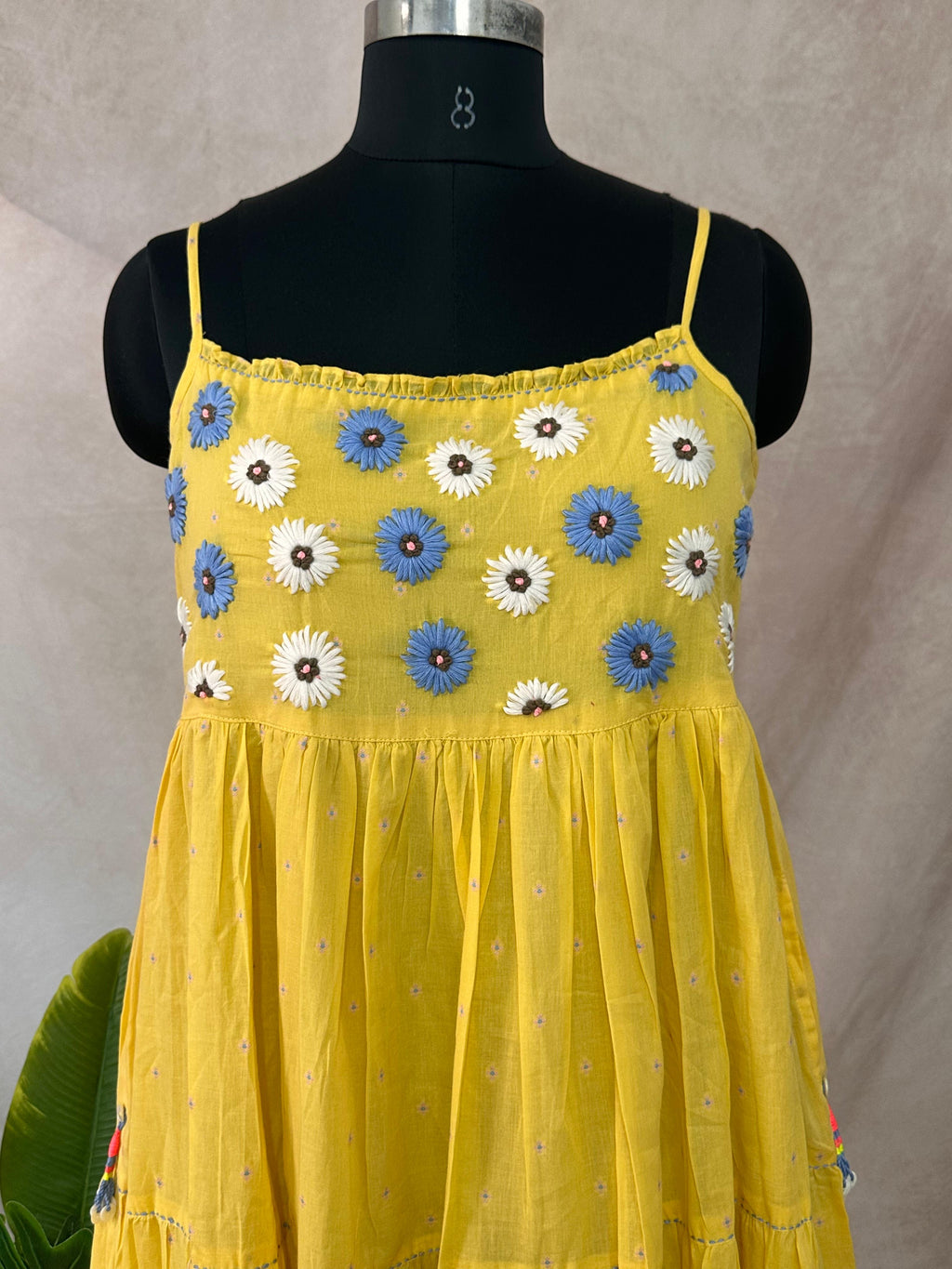 Yellow pure cotton dress with hand emroidery