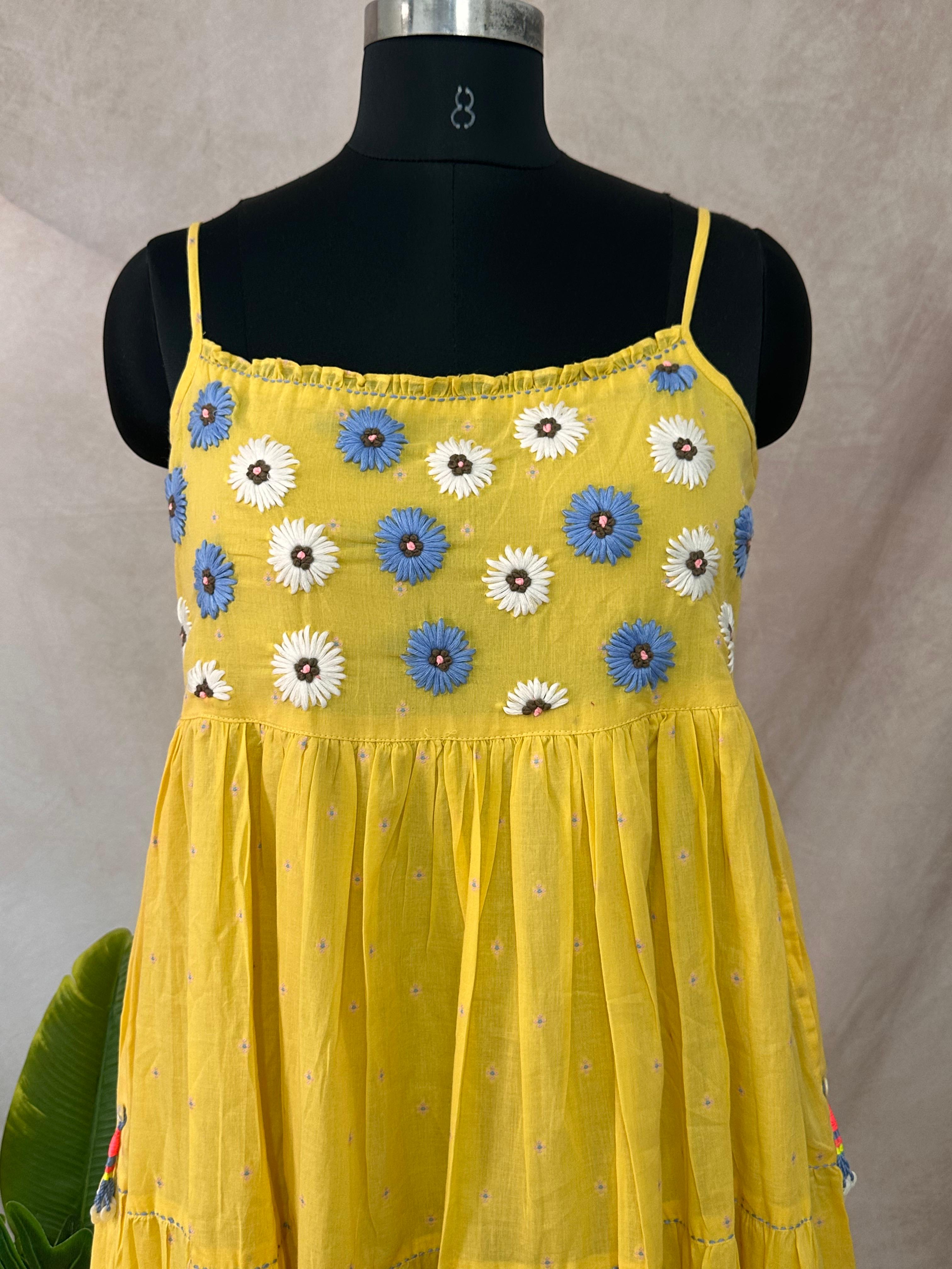 Yellow pure cotton dress with hand emroidery