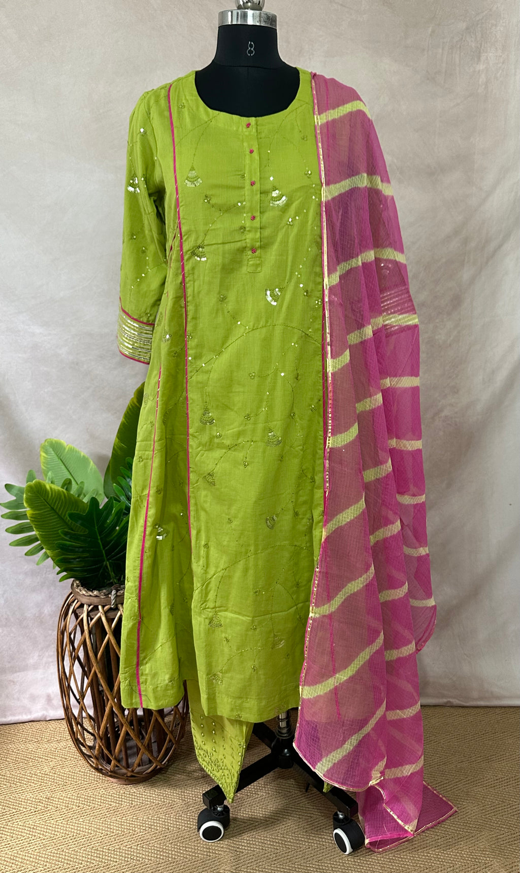 Light green chanderi anarkali kurti with bottom and pink kotta doria dupatta