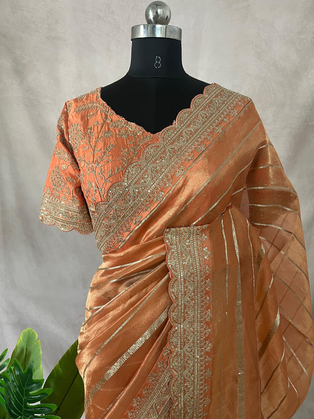 Orange Tissue oraganza saree with designer blouse