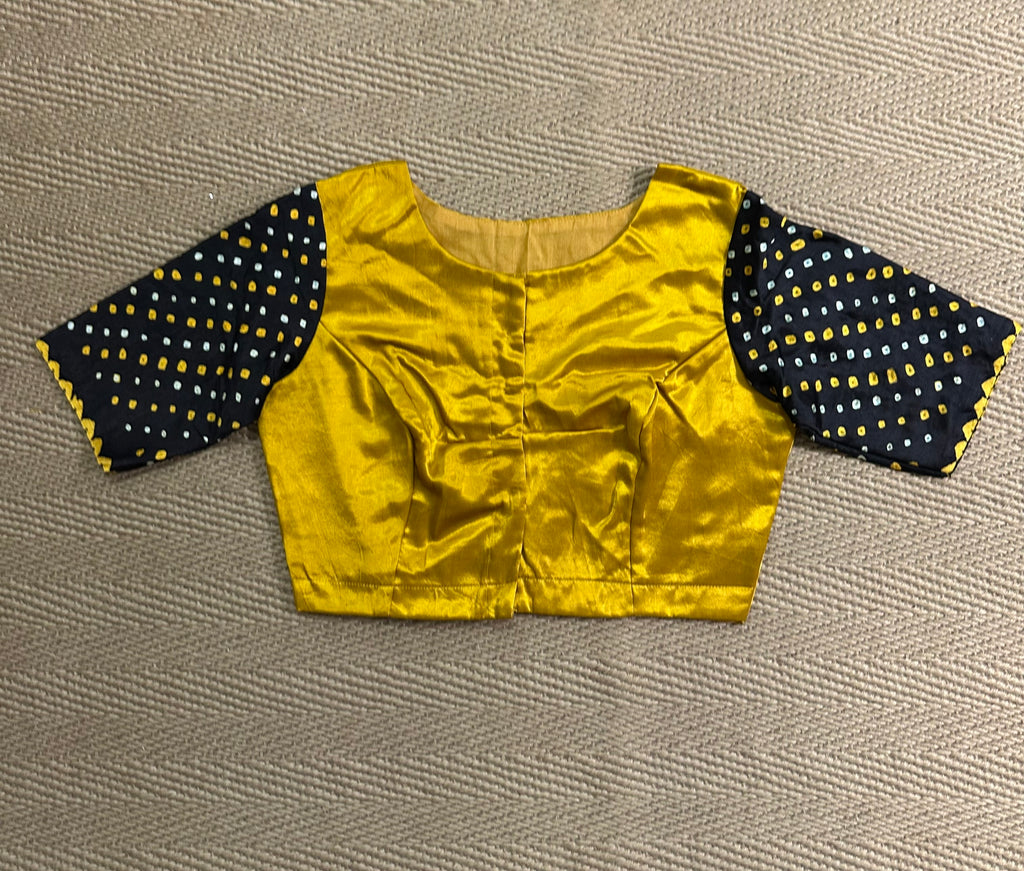 Mustard yellow modal silk blouse with mirror work and KutchEmbroidery