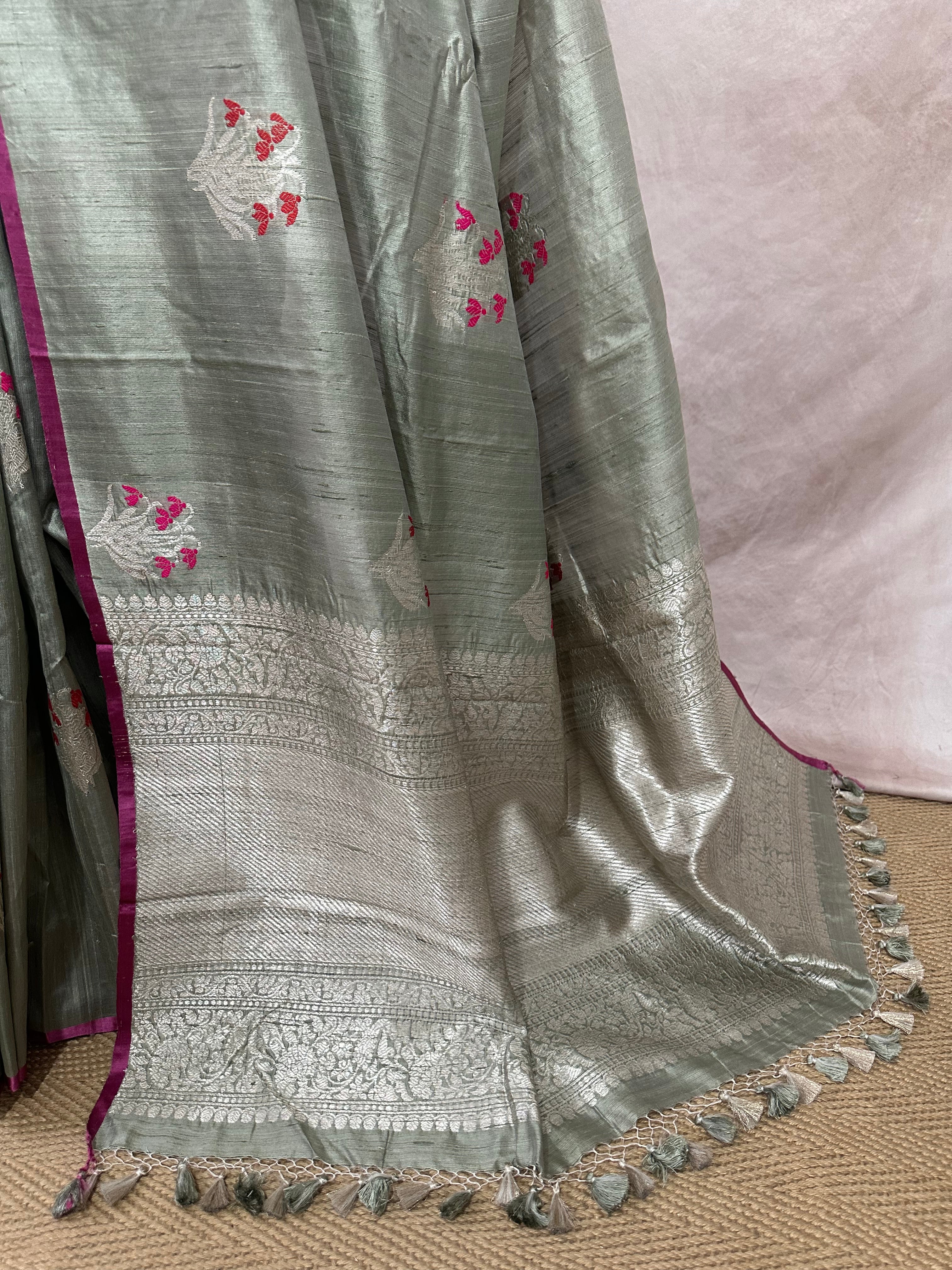 Light green designer raw silk saree with stitched blouse