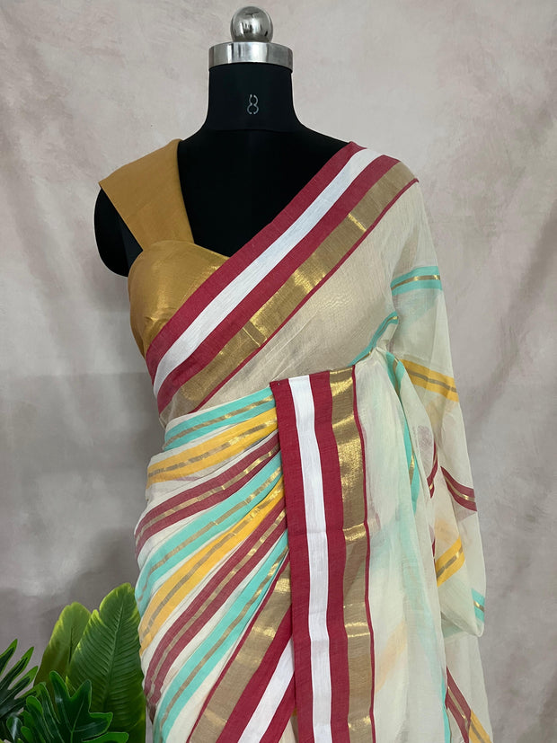 Mulcotton saree with red and gold border